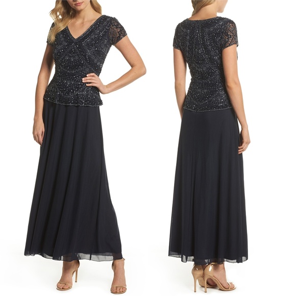 pisarro nights v neck beaded gown